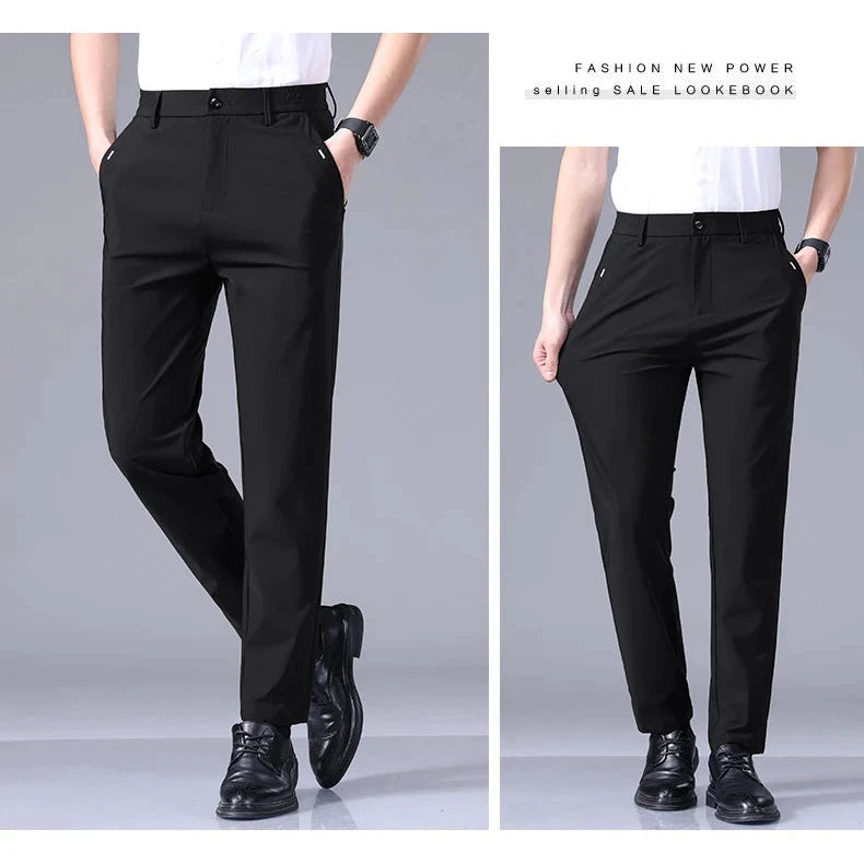 Men's Pants High Elastic Ultra-thin Casual Business Straight Slim Trousers Breathable Classic Black Gray Male Brand Pant