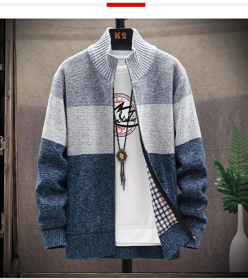 Cardigan Sweater Men Autumn Winter Fleece Zipper Sweaters Velvet Contrast Striped Sweater Coats Casual Jackets