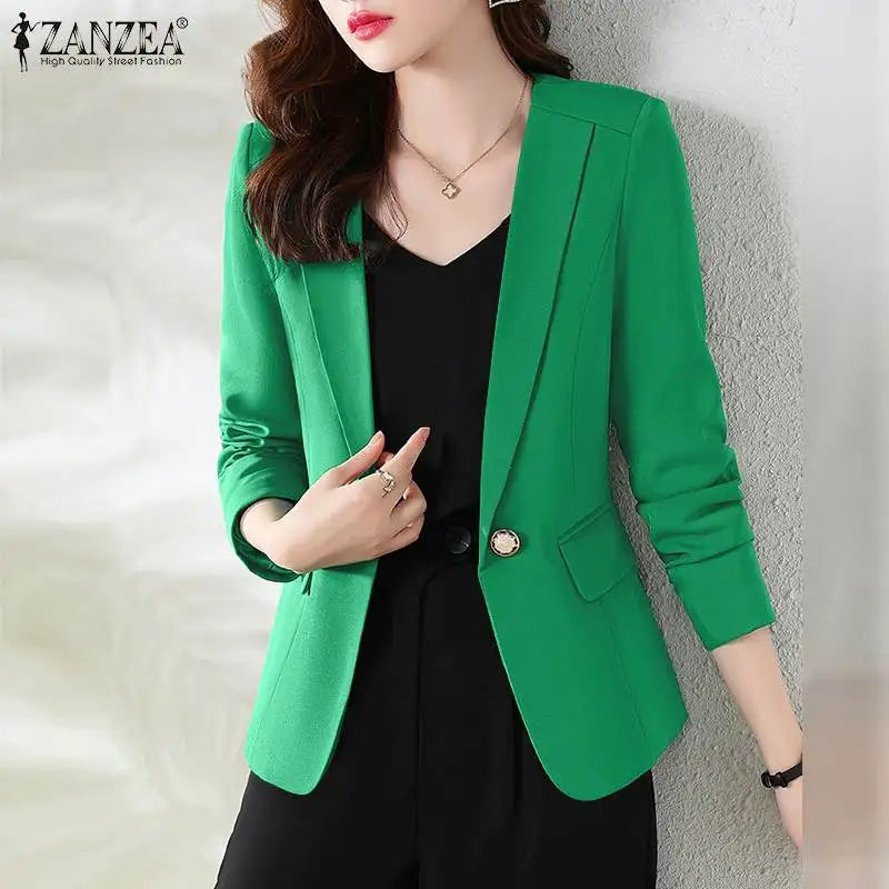 Women Blazer by ZANZEA Women Elegant OL Jackets Casual Slim Outwear Solid Lapel Neck Long Sleeve Work Thin Coats