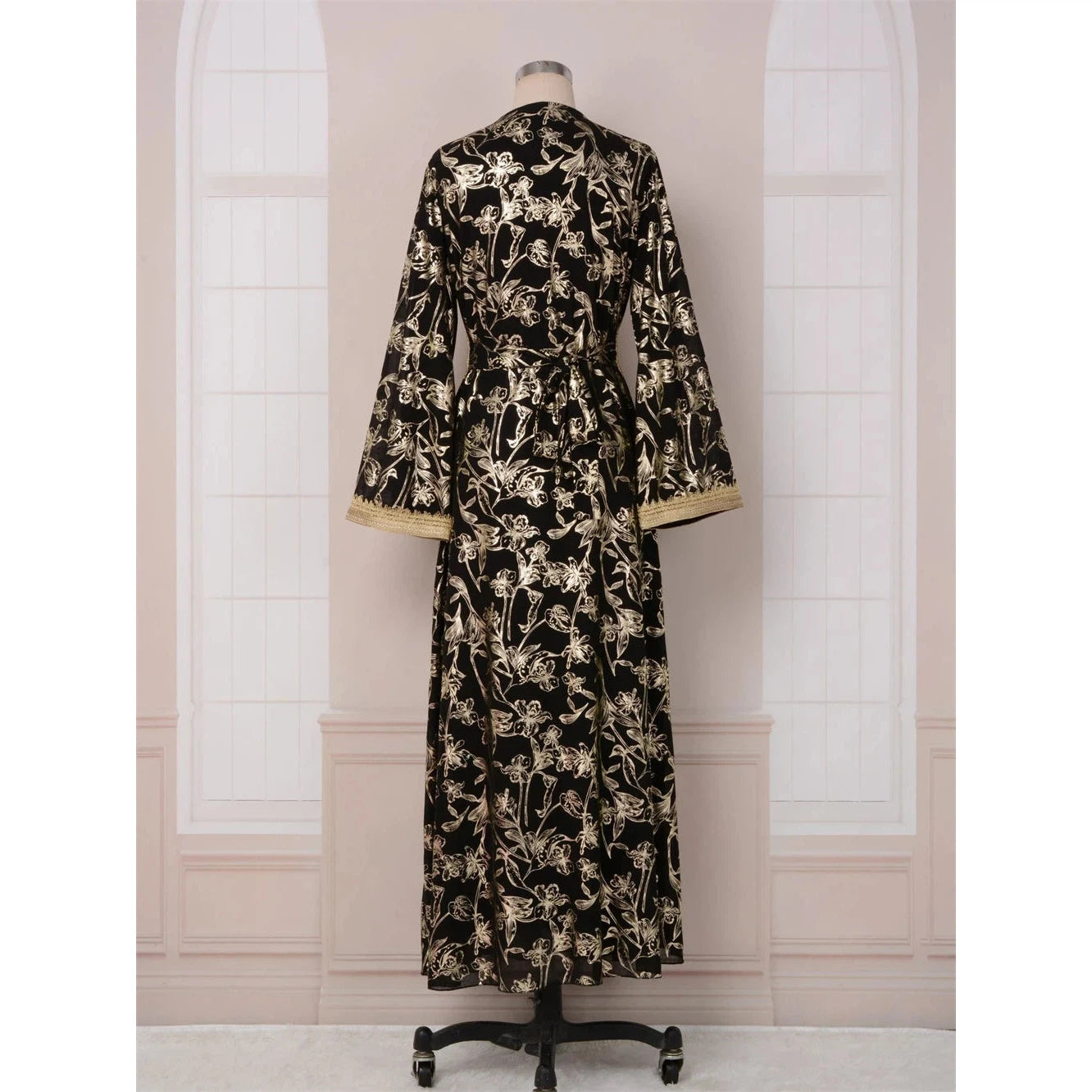 Long Gown Jalabiya Muslim & Arabic Women Dress, with Long Sleeves Floral Stamping V Neck Dresses