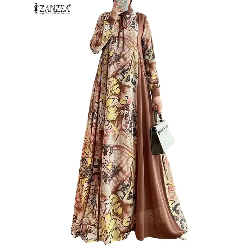 Abaya Muslim Fashion Long Sleeve O Neck Abaya Robes ZANZEA Women Elegant Floral Printed Patchwork Long Dresses