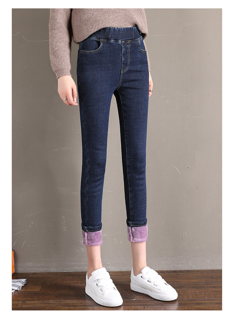 Women Jean Casual Thick Thermal  Winter New Skinny Stretch waist Jeans Fleece Pencil Pants Plush Warm Trousers