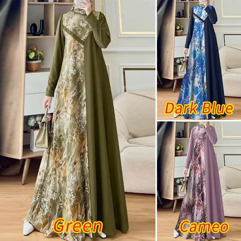 Abaya Muslim Fashion Long Sleeve O Neck Abaya Robes ZANZEA Women Elegant Floral Printed Patchwork Long Dresses