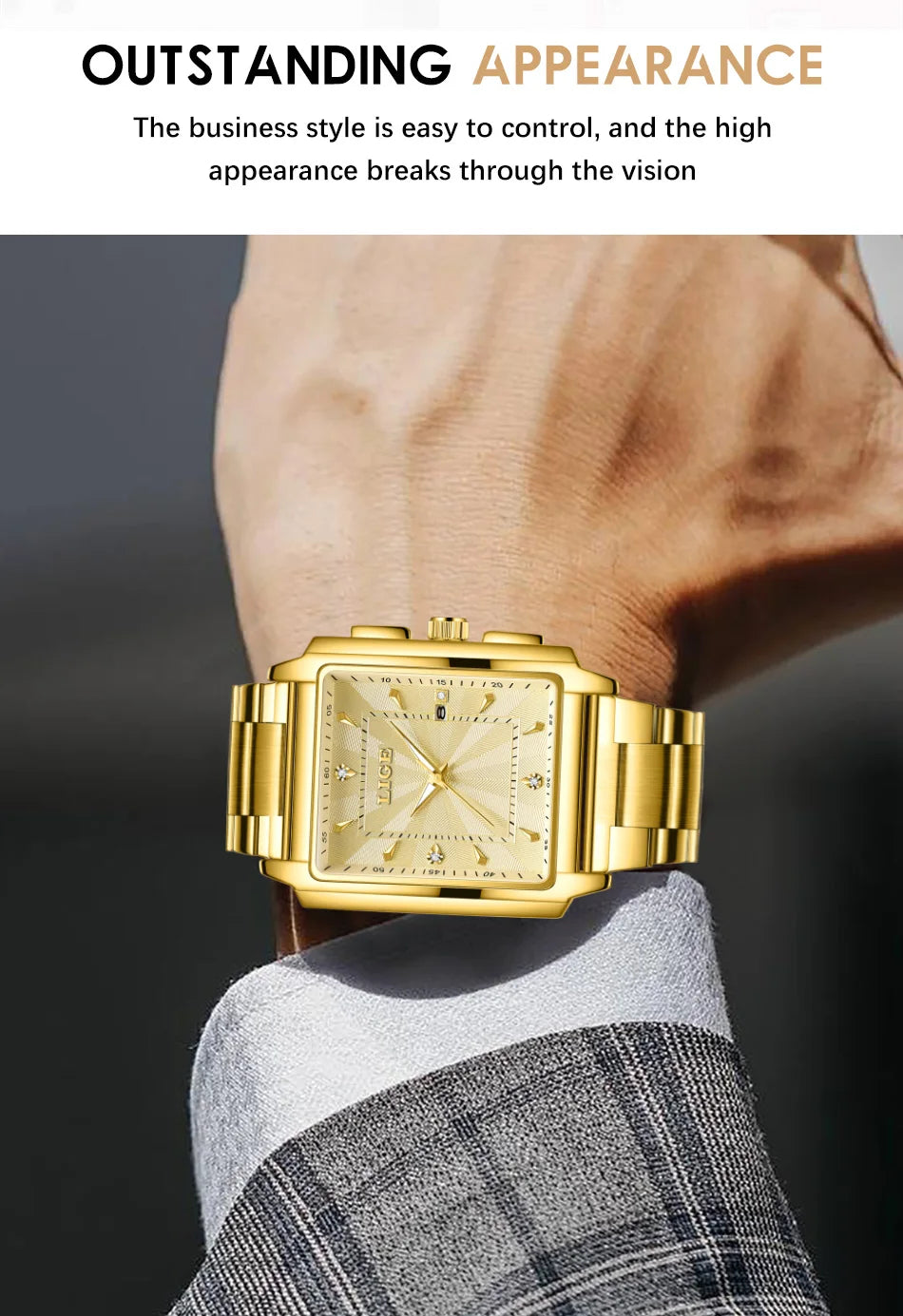 LIGE Gold Watch Men Square Mens Clock Top Brand Luxury Quartz Watches Stainless Steel Waterproof Wristwatch Relogio Masculino