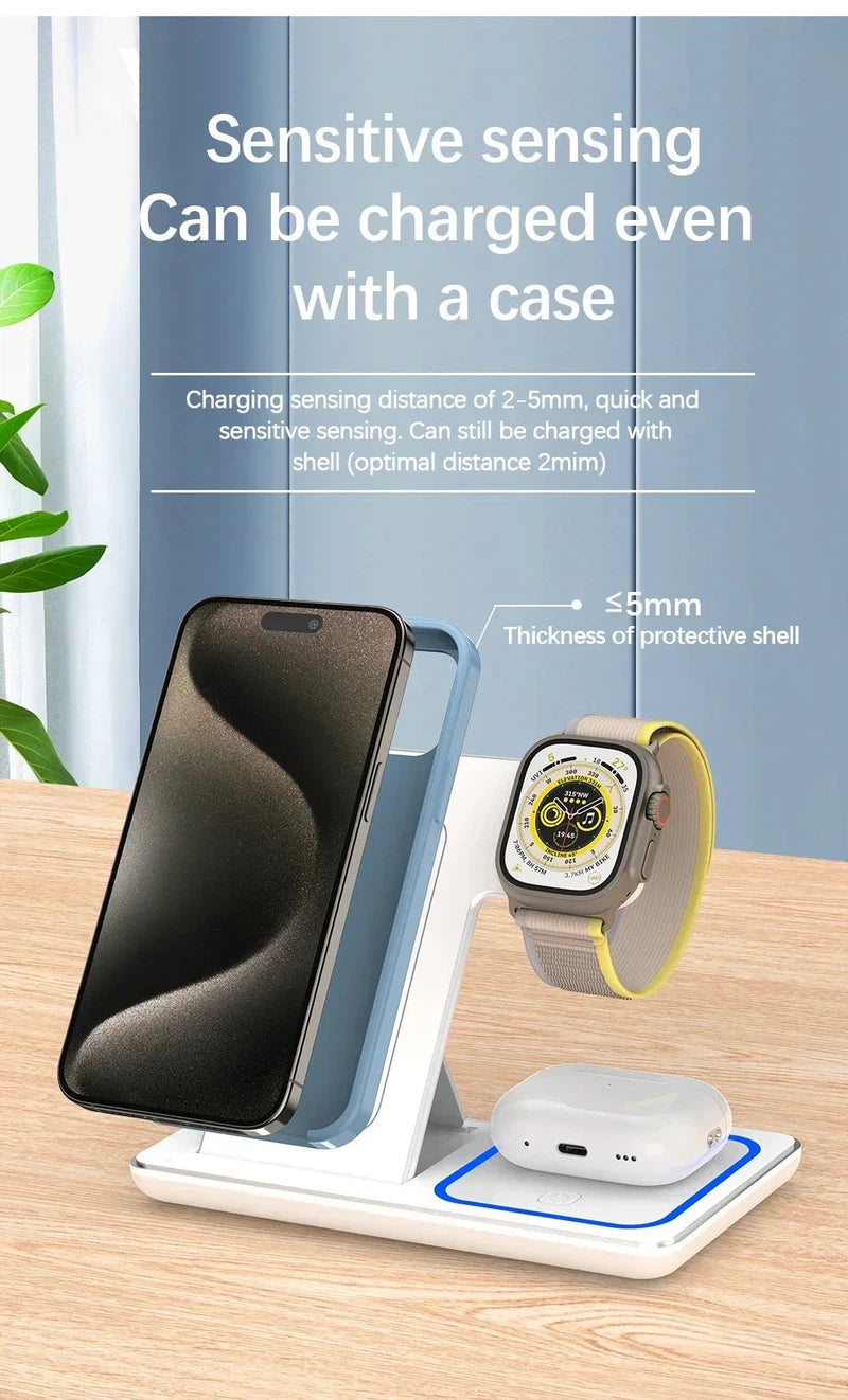 3 in 1 Magnetic Wireless Charger Stand for iPhone, Apple Watch, Airpods, with LED and Cooling Fan.