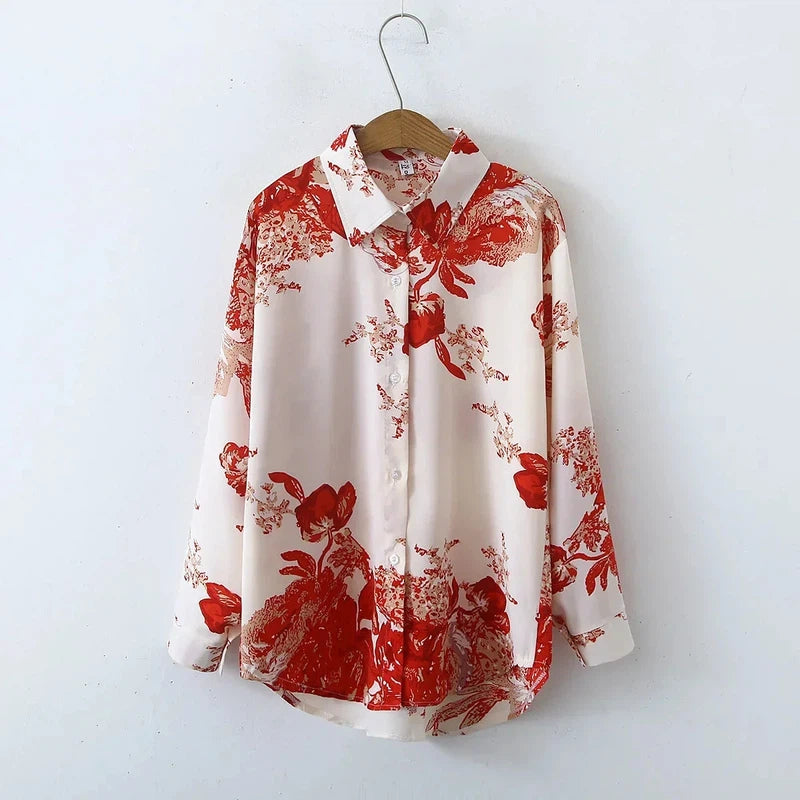 Women's floral print blouse, long sleeves, casual streetwear, vintage style.