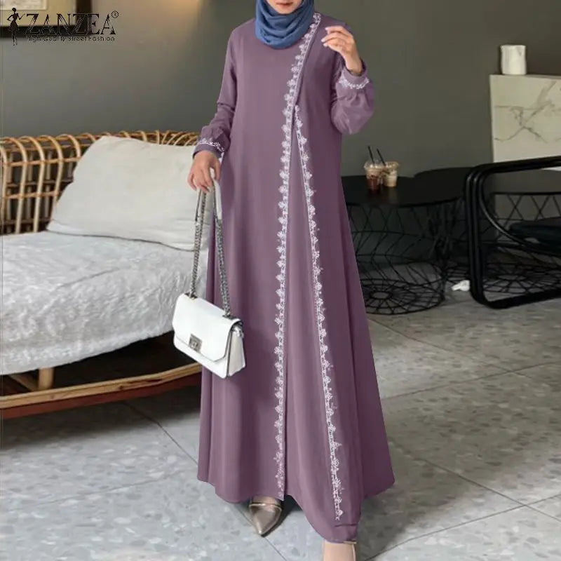 ZANZEA Spring Lace Crochet Maxi Dress Muslim Turkey Abaya Elegant Loose Vestidos Women Long Sleeve O Neck IsIamic Robe Kaftan