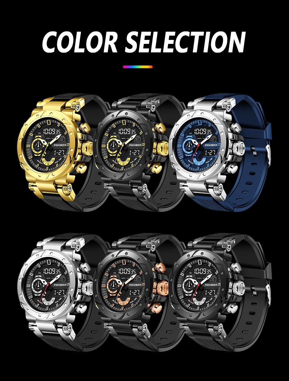 FOXBOX Luxury Military Watches for Men Casual Waterproof Sport Quartz Watch Digital Fashion Dual Display Watch Men Montre Homme