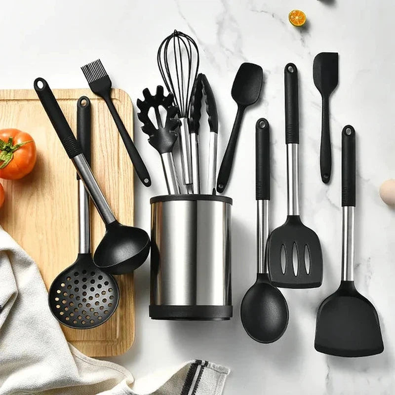 12-piece silicone kitchenware set with non-stick stainless steel utensils and rotating storage bucket.