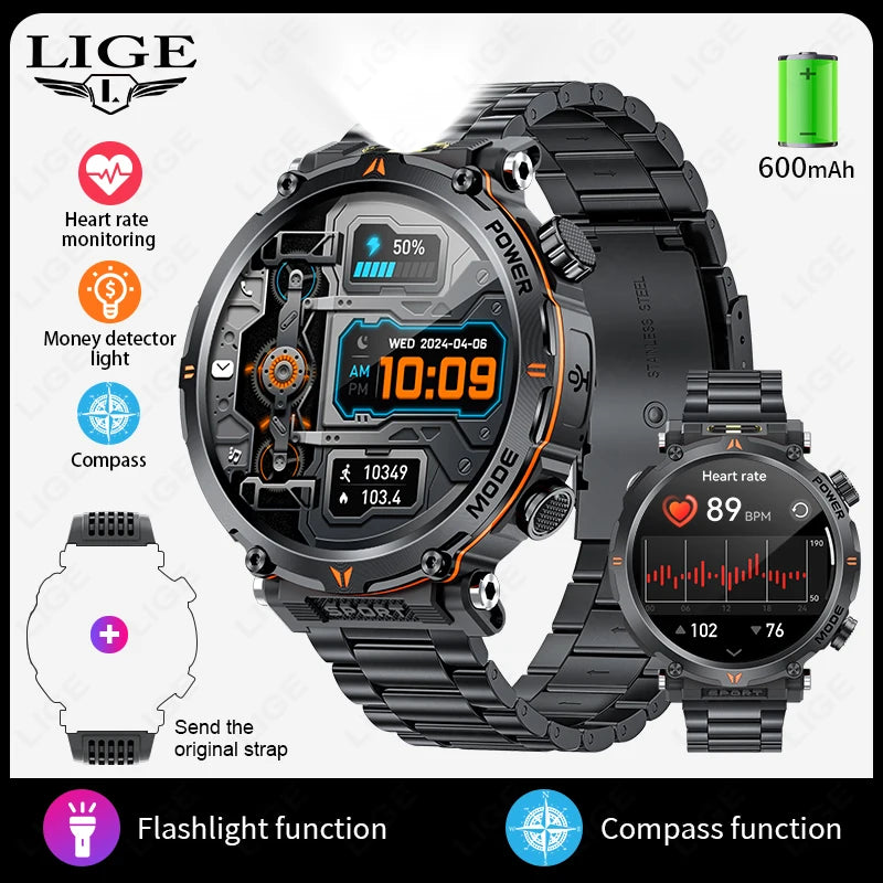 Smart Watch, LIGE New 600mah Battery LED Flashlight Compass Military Sport Watches Bluetooth Call Waterproof