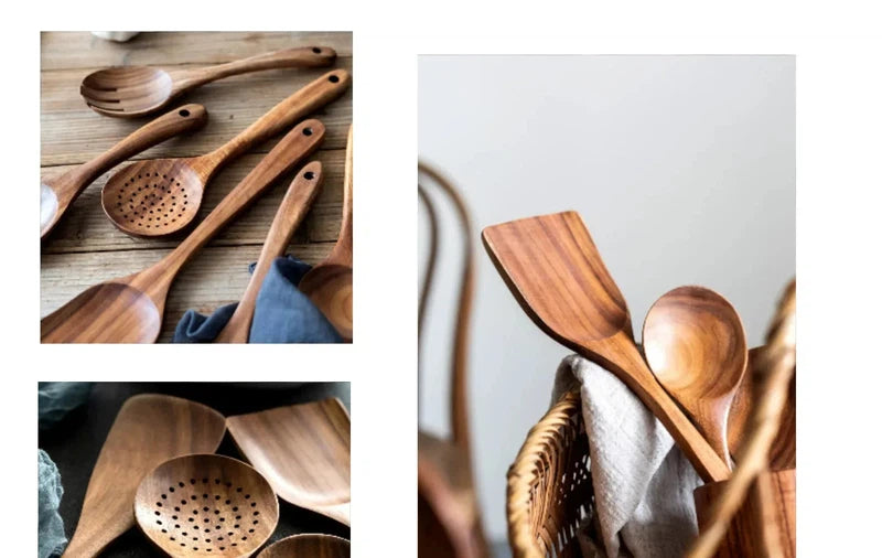 Wooden kitchen utensils set with spoon, spatula, and ladle for cooking.