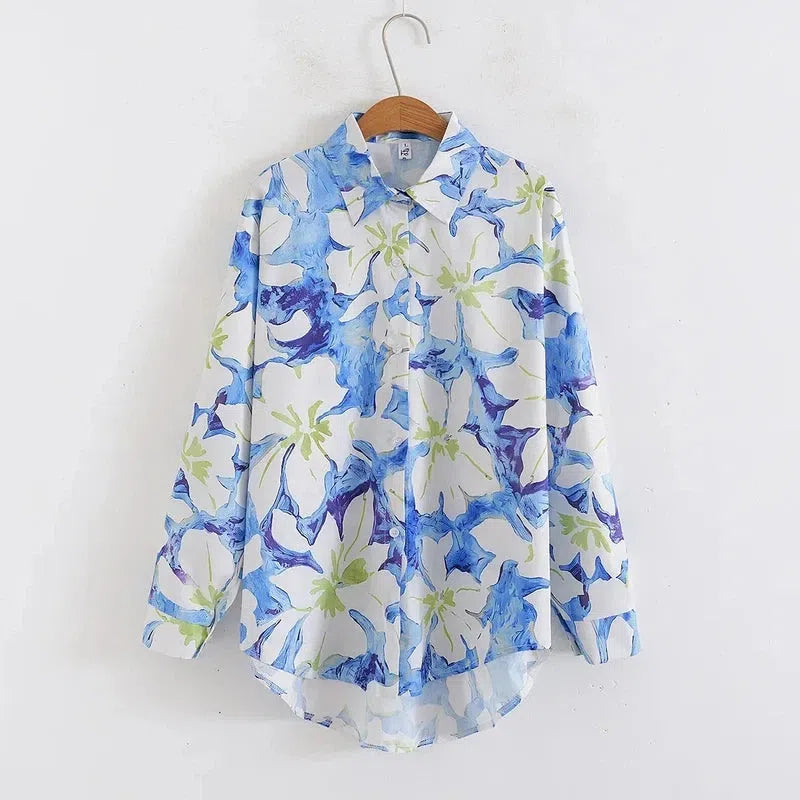 Women's floral print blouse with long sleeves, turn-down collar, and regular fit, ideal for casual summer and autumn streetwear.