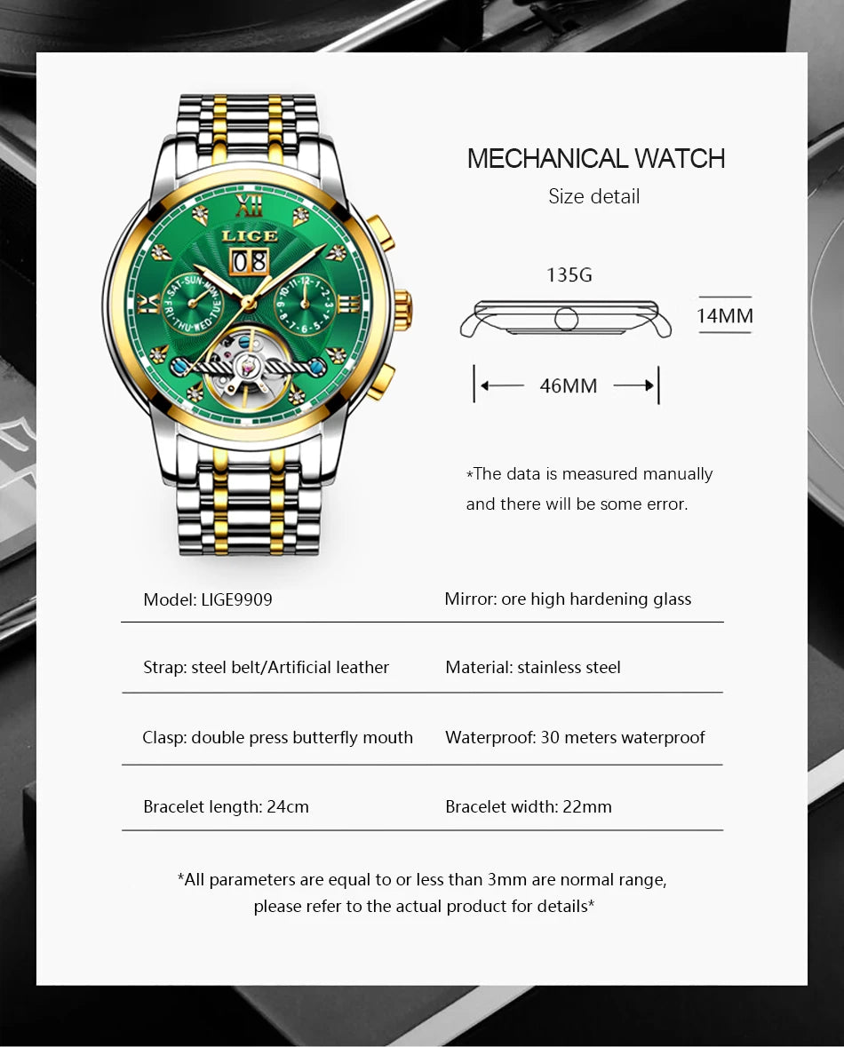 LIGE 2024 Top Brand Luxury Tourbillon Watch Men Fashion Sport Men's Mechanical Wristwatches Casual Waterproof Automatic Watch