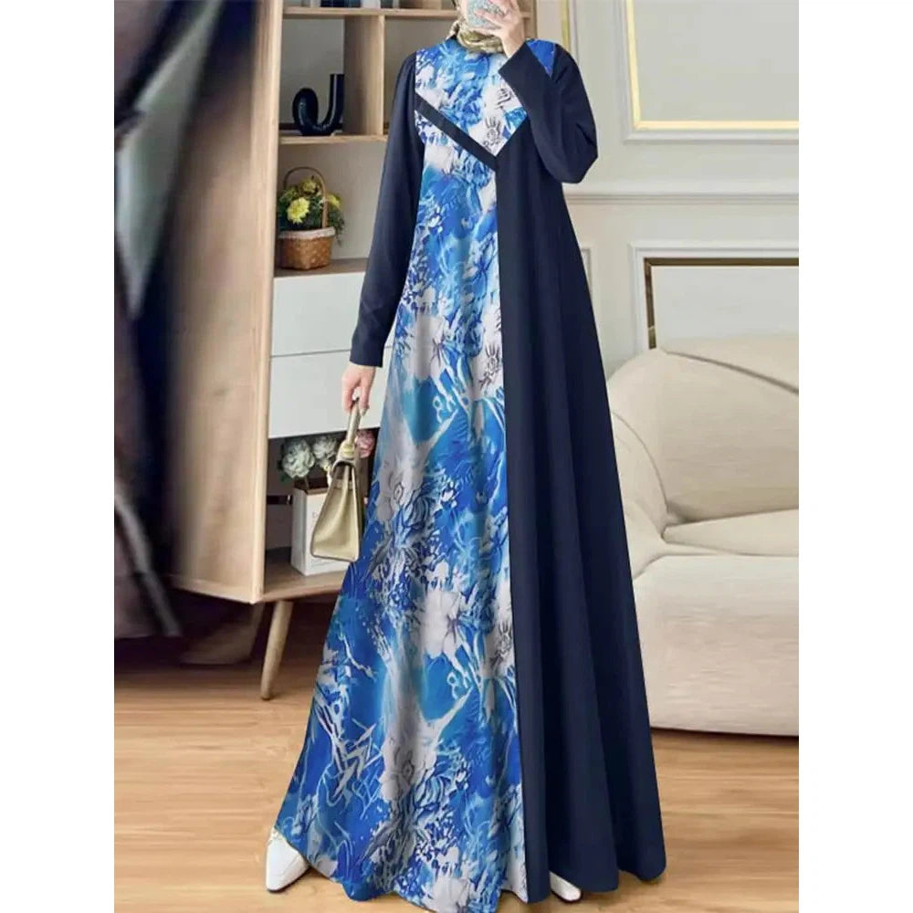 Abaya Muslim Fashion Long Sleeve O Neck Abaya Robes ZANZEA Women Elegant Floral Printed Patchwork Long Dresses