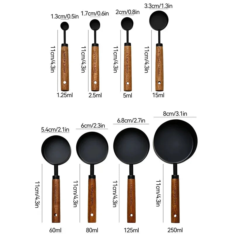 8-piece stainless steel measuring cups with wooden handles, black spoons, various sizes for baking and bartending.