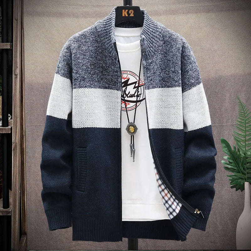 Cardigan Sweater Men Autumn Winter Fleece Zipper Sweaters Velvet Contrast Striped Sweater Coats Casual Jackets