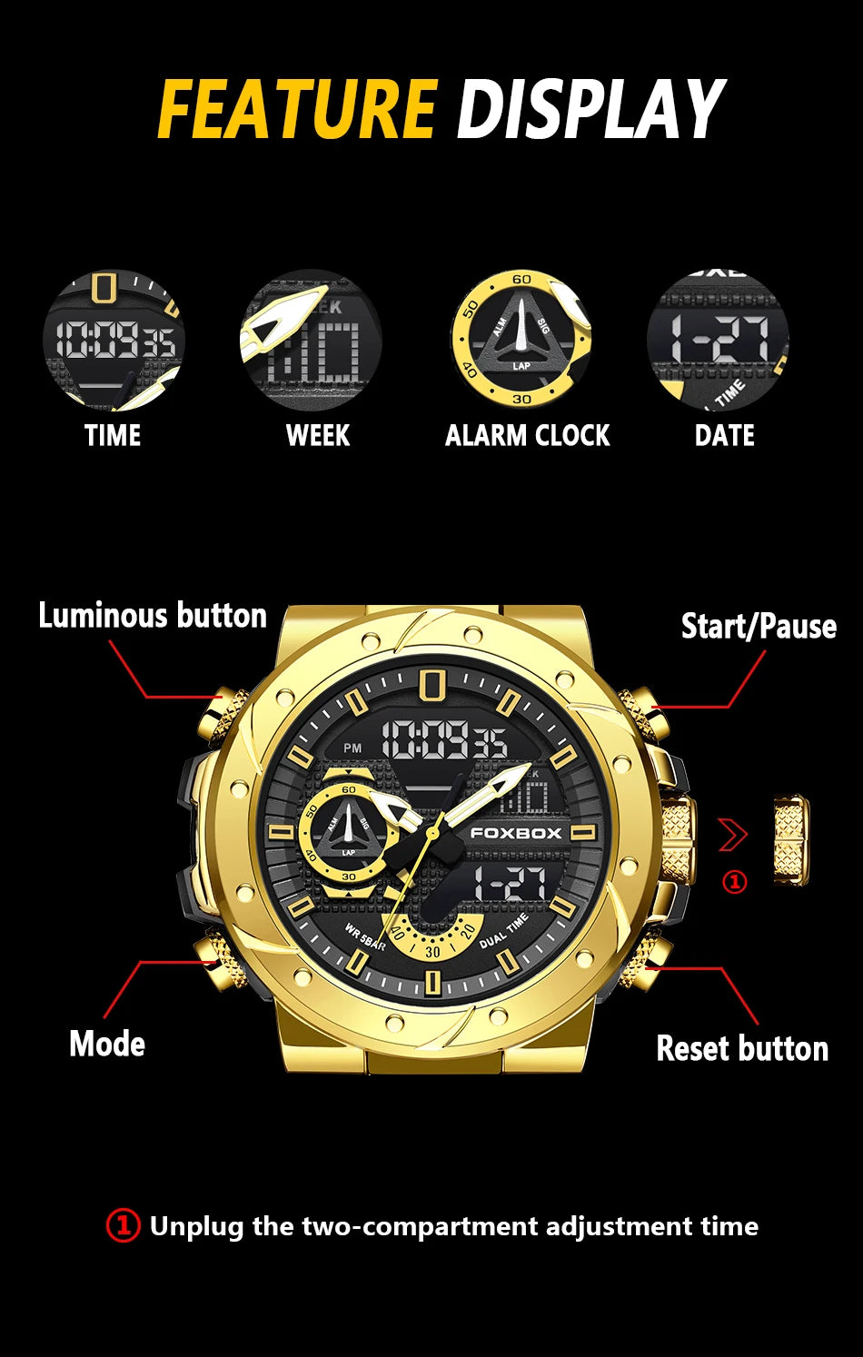 FOXBOX Luxury Military Watches for Men Casual Waterproof Sport Quartz Watch Digital Fashion Dual Display Watch Men Montre Homme