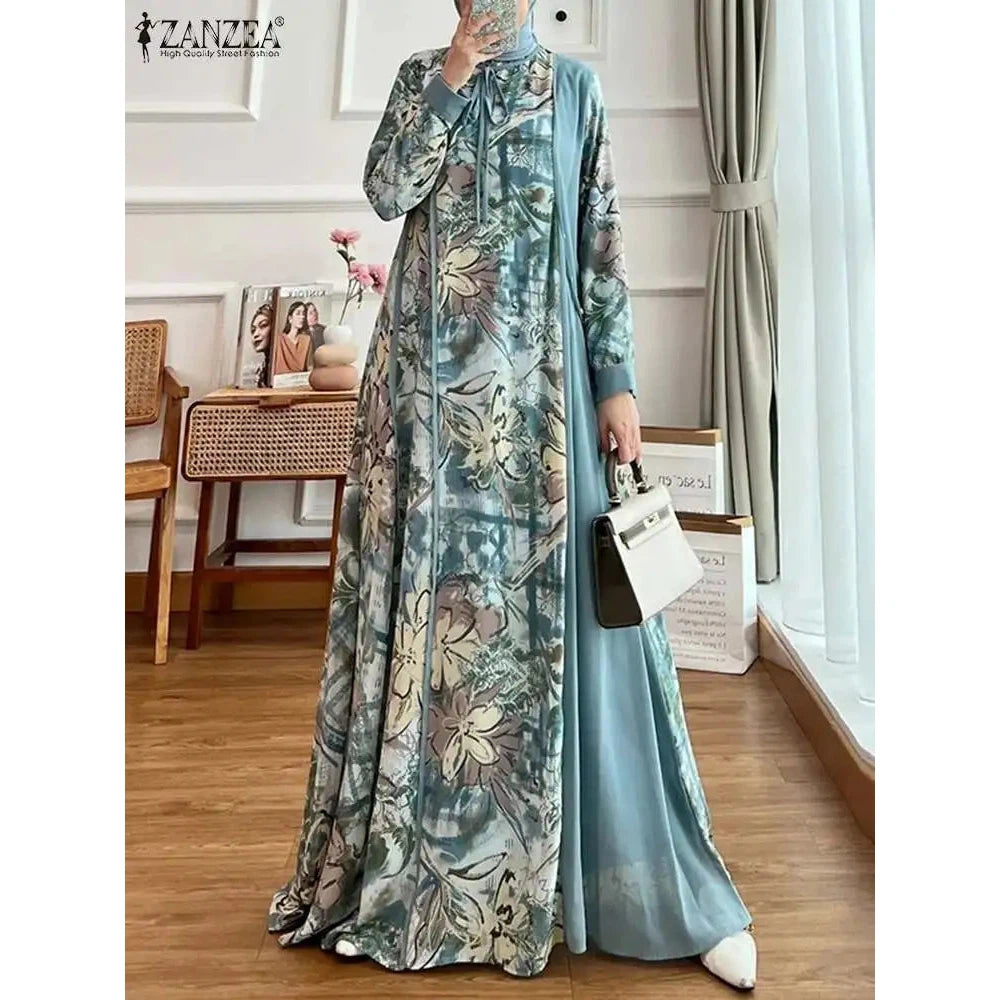 Abaya Muslim Fashion Long Sleeve O Neck Abaya Robes ZANZEA Women Elegant Floral Printed Patchwork Long Dresses