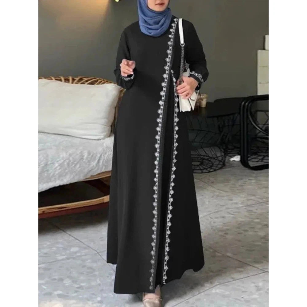 Abaya Muslim Fashion Long Sleeve O Neck Abaya Women Elegant Lace Patchwork Long Dresses