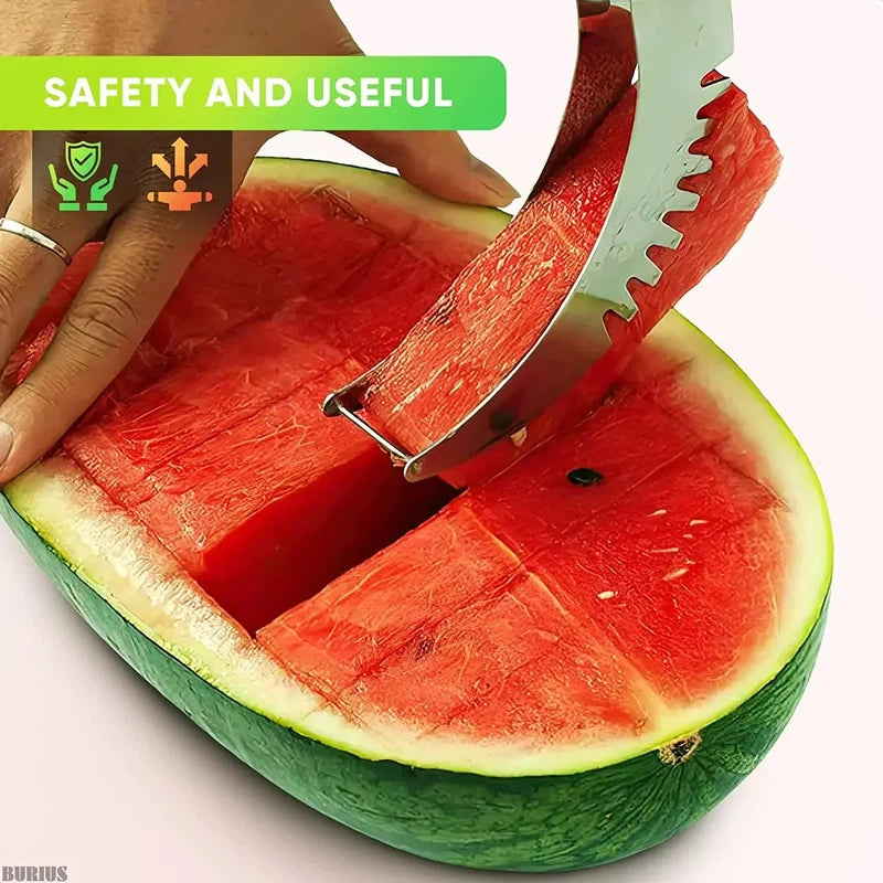 Stainless steel watermelon slicer with non-slip handle cutting through watermelon, safe for hands, kitchen fruit cutting tool.