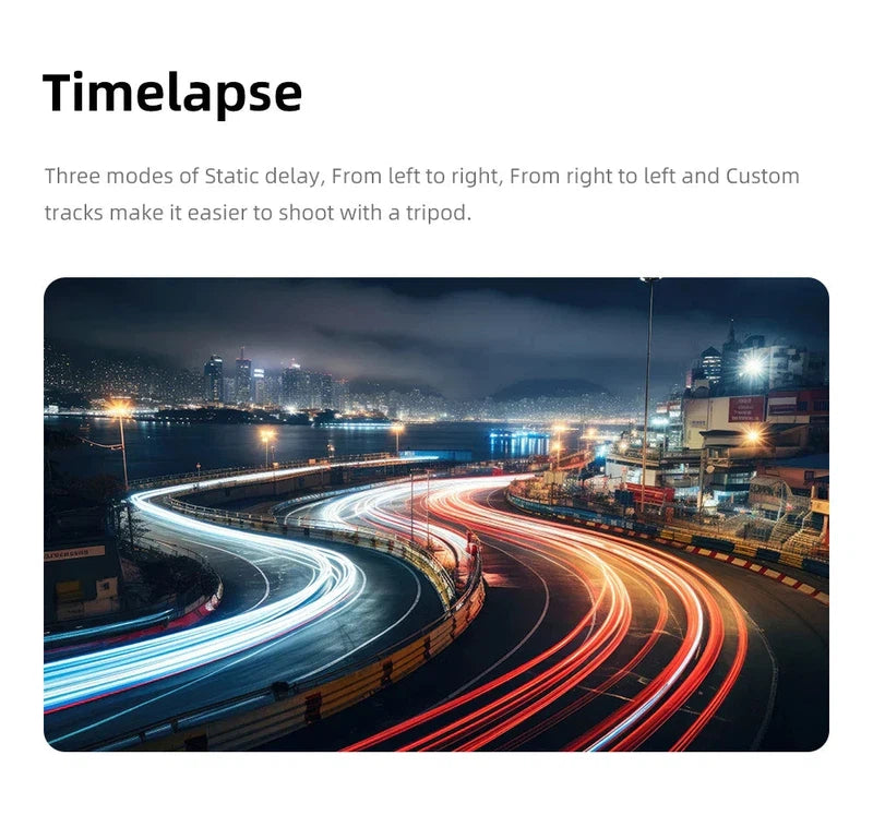 Timelapse feature showcasing light trails on curving roads at night, emphasizing the TOKQI M01 gimbal's stabilizing capabilities.
