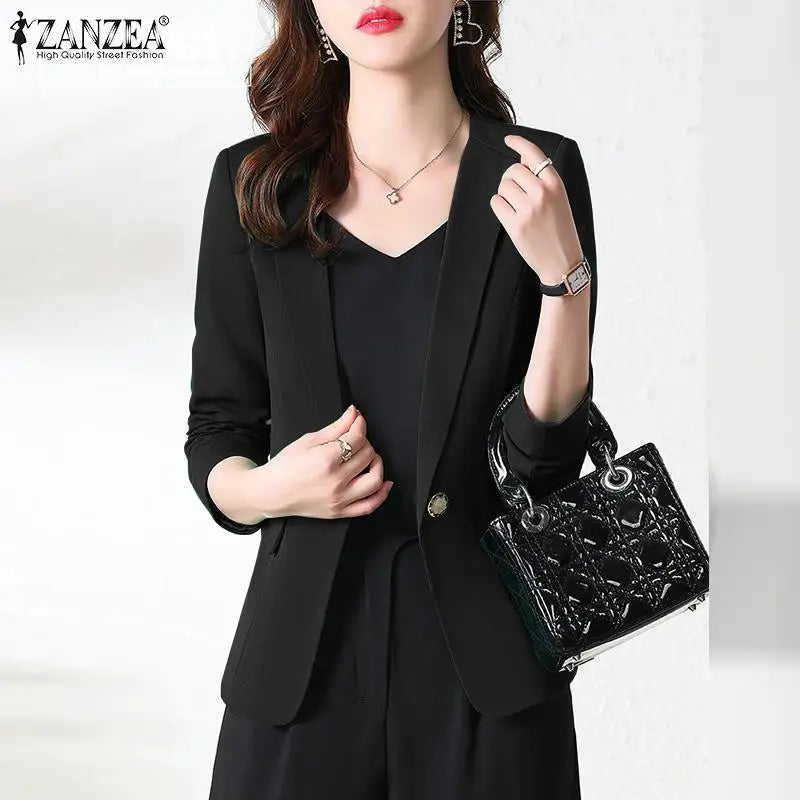 Women Blazer by ZANZEA Women Elegant OL Jackets Casual Slim Outwear Solid Lapel Neck Long Sleeve Work Thin Coats