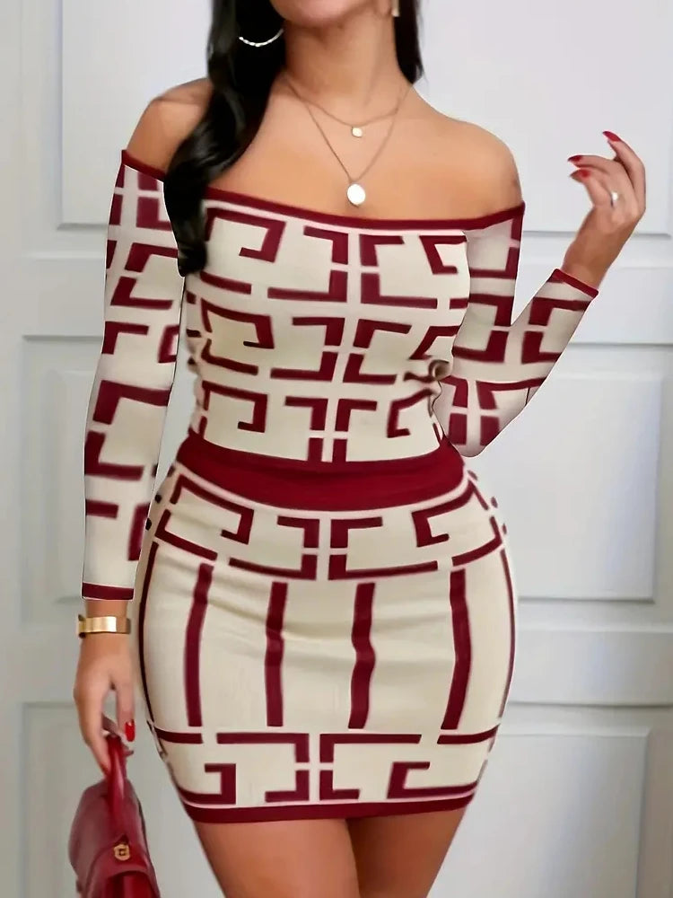 Women Fashion Two Piece Set  Off-Shoulder Top & High-Waisted Slim Skirt Outfit Clothing Chic Geometric Print