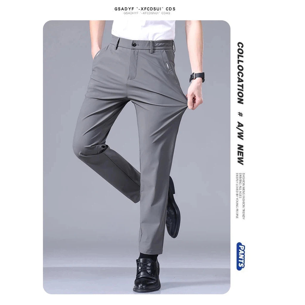 Men's Pants High Elastic Ultra-thin Casual Business Straight Slim Trousers Breathable Classic Black Gray Male Brand Pant