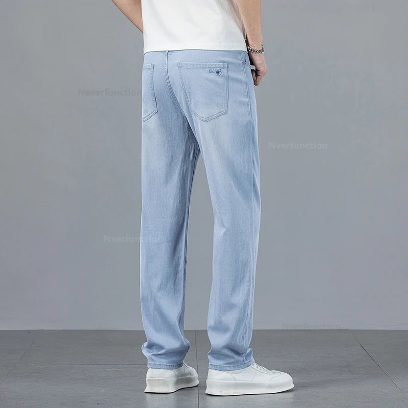 Men's Jean Pant Ultra-thin Light Blue Lyocell Fabric Breathable Loose Straight Business Casual Male Denim Trousers