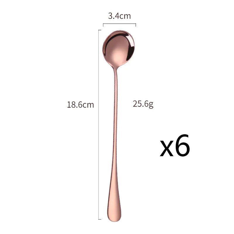 6-piece stainless steel stir spoon set with long handle, ideal for coffee, tea, and desserts.