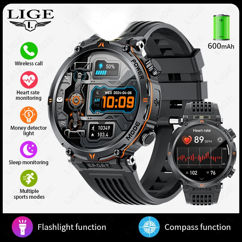 Smart Watch, LIGE New 600mah Battery LED Flashlight Compass Military Sport Watches Bluetooth Call Waterproof