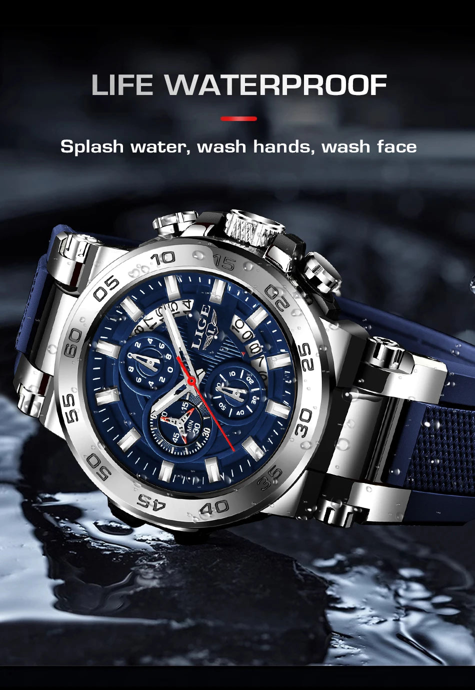 LIGE New Men's Watches Top Luxury Brand Big Dial Watch Men Waterproof Quartz Wristwatch Sport Chronograph Clock