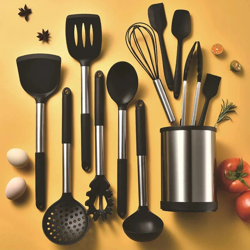 12-piece silicone kitchenware set with spatula, soup spoon, and stainless steel utensils in a rotating storage bucket.