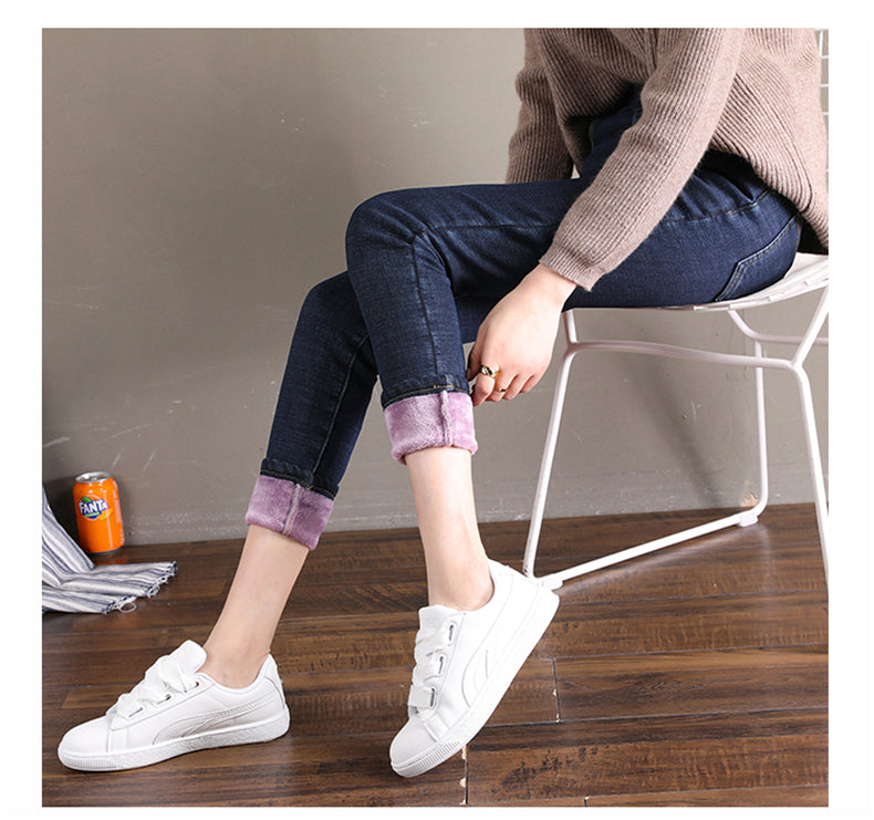 Women Jean Casual Thick Thermal  Winter New Skinny Stretch waist Jeans Fleece Pencil Pants Plush Warm Trousers