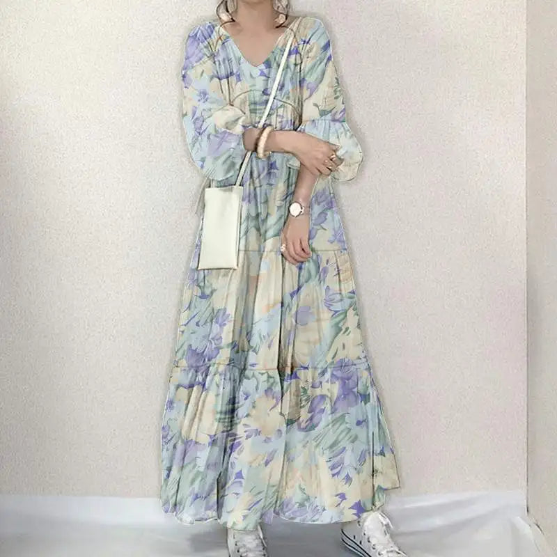 Women Long Causal Dress ZANZEA Fashion Floral Printed Autumn Long Sleeve Loose Holiday Sundress Robe