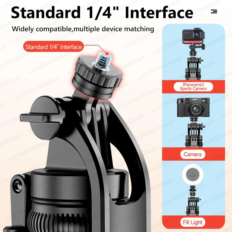 Standard 1/4" interface of TOKQI Extendable Tripod showing compatibility with various devices including panoramic sports camera, regular camera, and fill light.