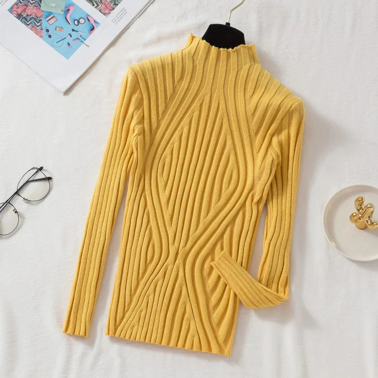 Women Pullover Knitted Sweater Half Turtleneck Jumper Sweater Autumn Winter Solid Slim Chic Streetwear Long Sleeve