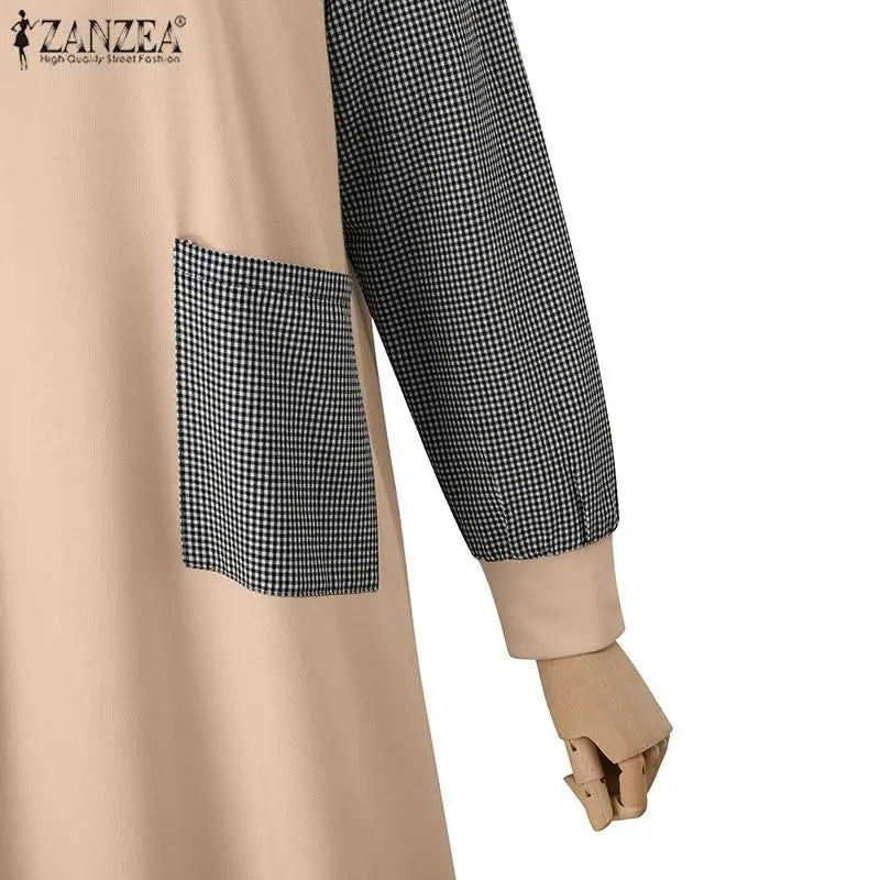 Abaya for Muslim Women Patchwork Long Sundress Robe ZANZEA Long Sleeve Vintage Muslim Plaid Dress