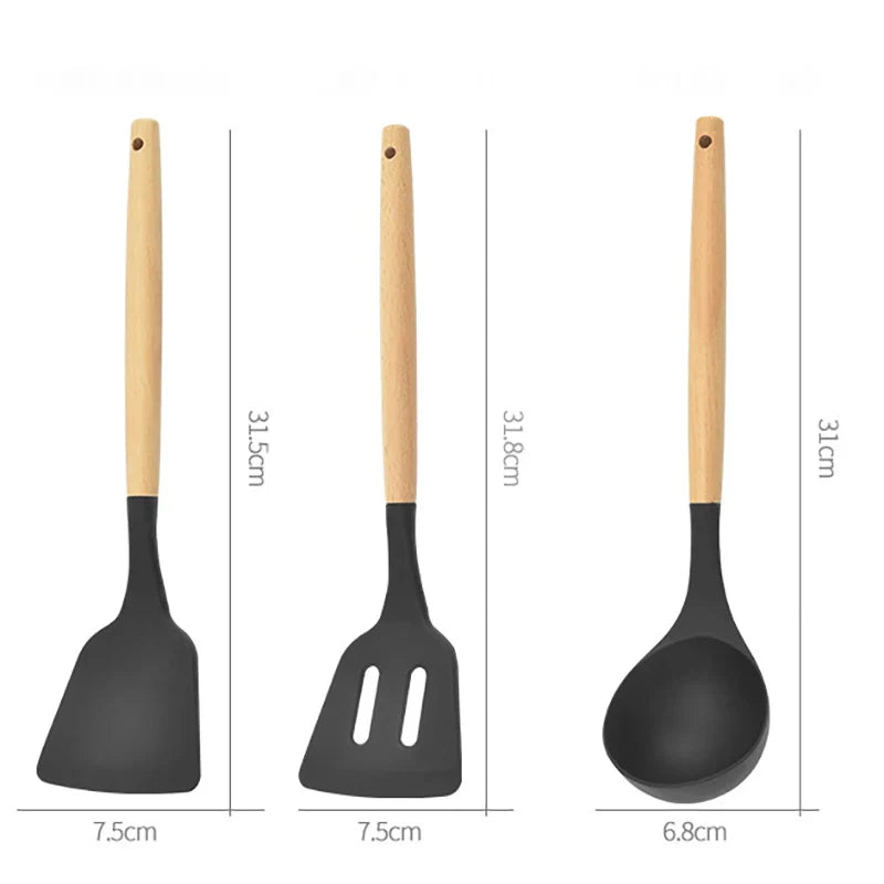 12-piece non-stick silicone kitchen utensil set with wooden handles including spatula, shovel, and egg beaters.