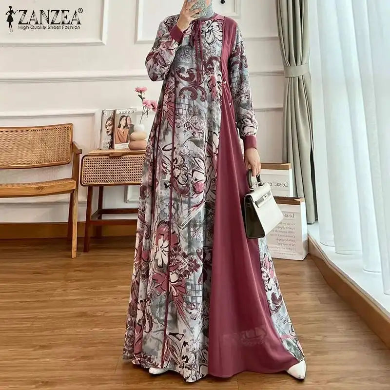 Abaya Muslim Fashion Long Sleeve O Neck Abaya Robes ZANZEA Women Elegant Floral Printed Patchwork Long Dresses