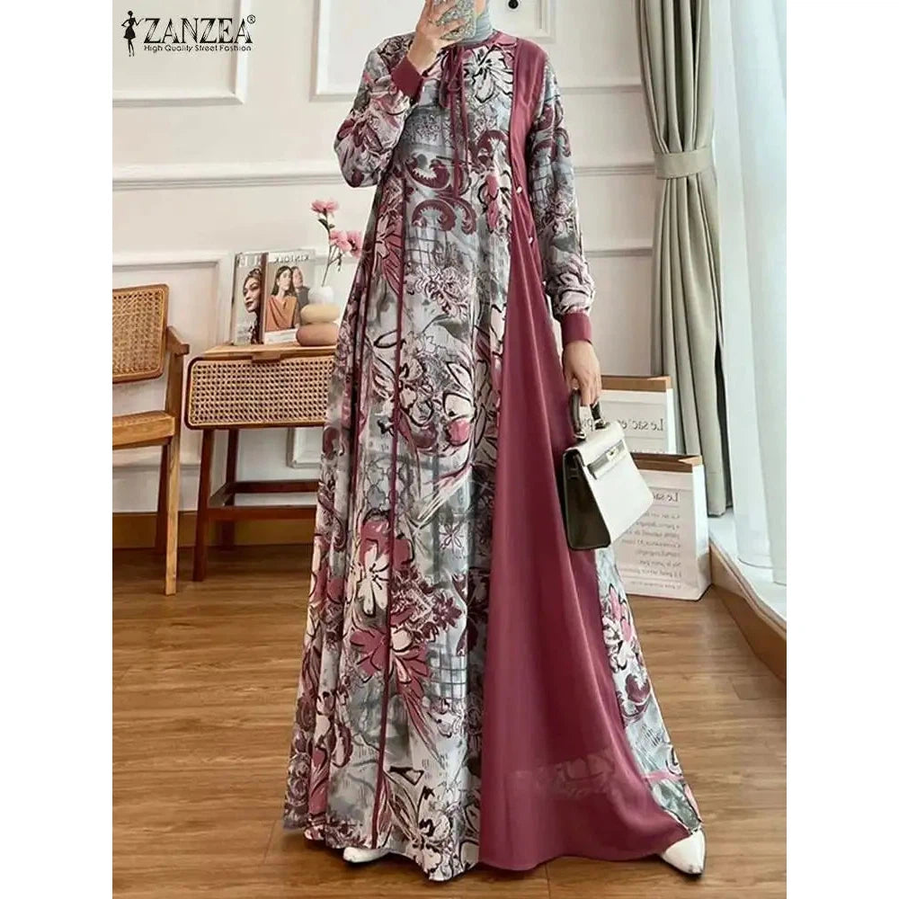 Abaya Muslim Fashion Long Sleeve O Neck Abaya Robes ZANZEA Women Elegant Floral Printed Patchwork Long Dresses