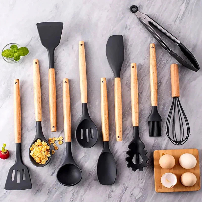 12-piece silicone kitchen utensil set with wooden handles, non-stick and heat-resistant.