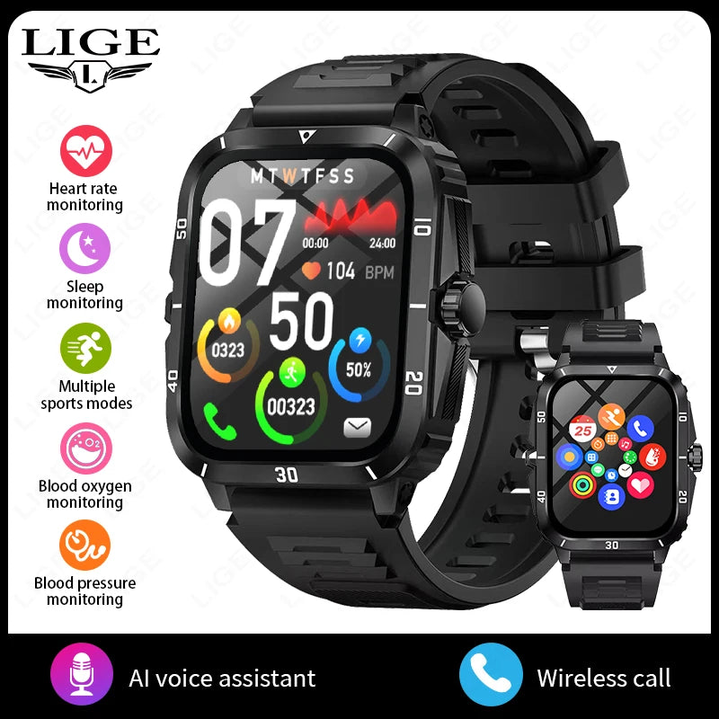 LIGE Sport Smart Watch For Men 2.01 Screen Blood Oxygen Bluetooth Call Watch 100+Sports Waterproof Smartwatch Man Reloj Hombre