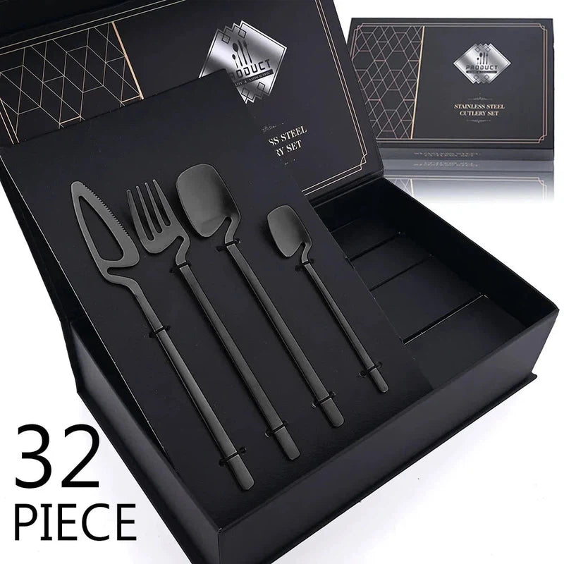 JANKNG 32-piece rose matte stainless steel cutlery set with knife, fork, spoon in black gift box.