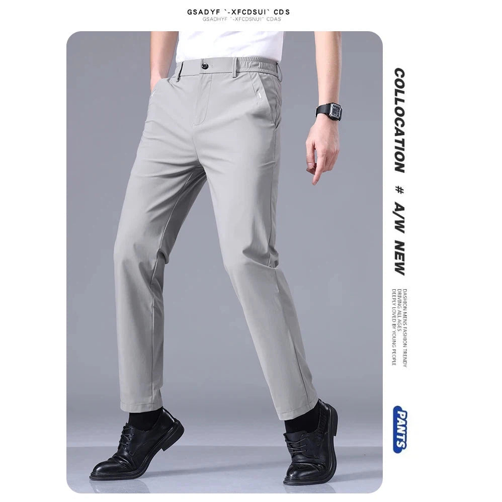 Men's Pants High Elastic Ultra-thin Casual Business Straight Slim Trousers Breathable Classic Black Gray Male Brand Pant