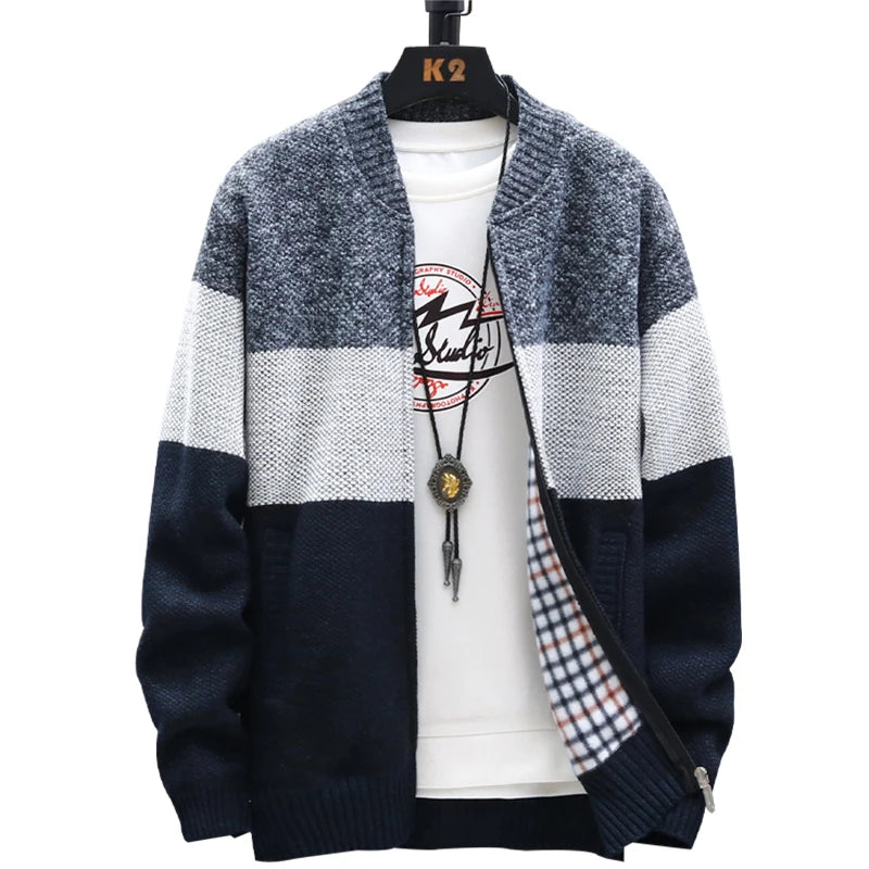 Cardigan Sweater Men Autumn Winter Fleece Zipper Sweaters Velvet Contrast Striped Sweater Coats Casual Jackets