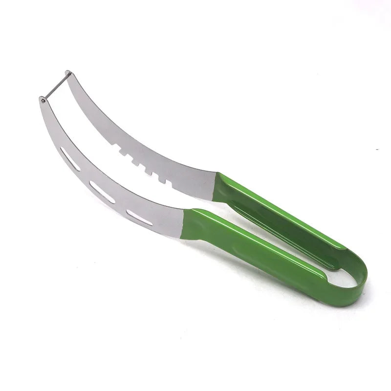 Watermelon slicer with stainless steel blade and green non-slip plastic handle for safe cantaloupe cutting.