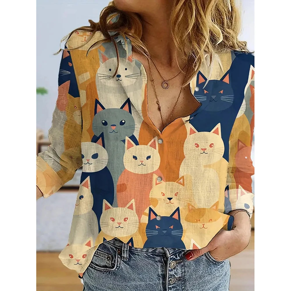 Spring Women's Long Sleeve Shirts Fashion Christmas Cartoon Print Single Breasted Shirts Popular Women's Casual Basic Tops