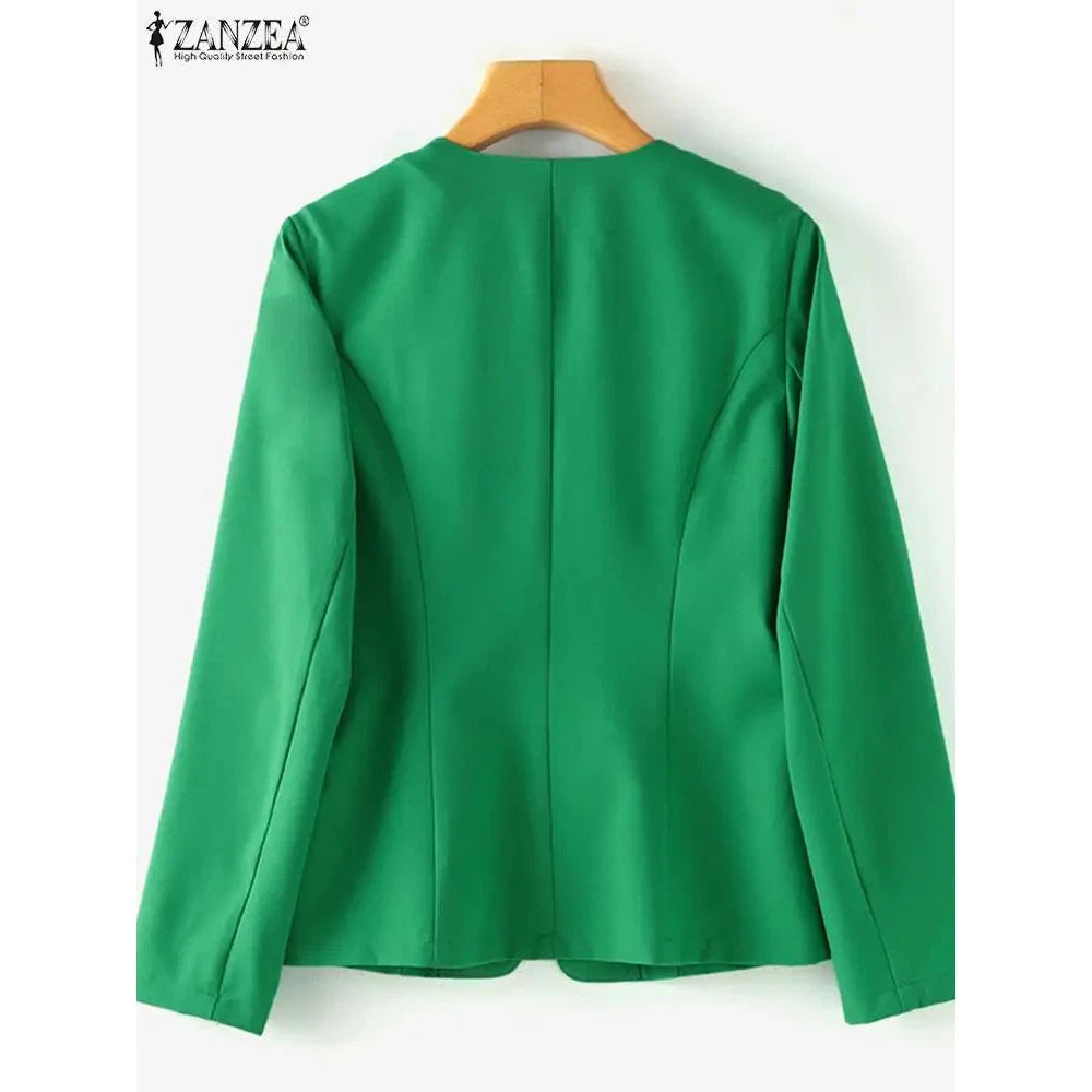 Women Blazer by ZANZEA Women Elegant OL Jackets Casual Slim Outwear Solid Lapel Neck Long Sleeve Work Thin Coats