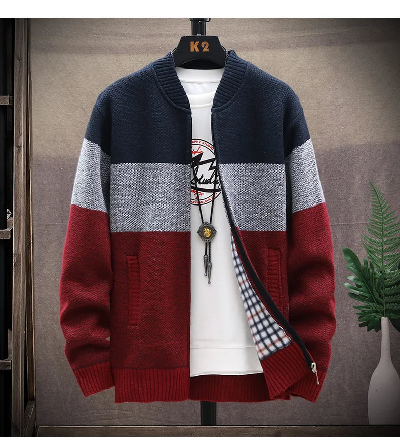 Cardigan Sweater Men Autumn Winter Fleece Zipper Sweaters Velvet Contrast Striped Sweater Coats Casual Jackets